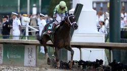 LOUISVILLE, KY - MAY 06:  Jockey John Velazquez celebrates as he guides Always Dreaming #5 across the finish line to win the 143rd running of the Kentucky Derby at Churchill Downs on May 6, 2017 in Louisville, Kentucky.  (Photo by Rob Carr/Getty Images)
