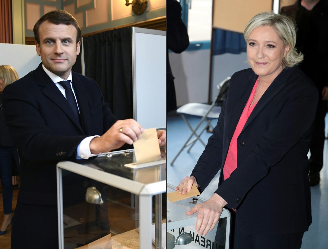 French presidential candidates Emmanuel Macron, left, and Marine Le Pen casting their votes Sunday. 