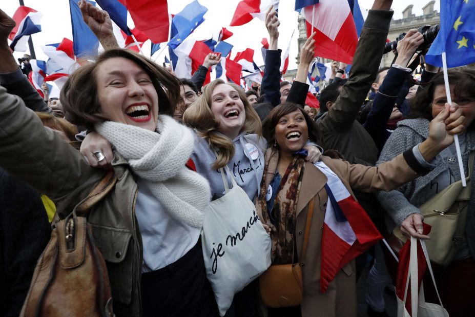 Supporters of Macron celebrate at the Louvre Museum in Paris on May 7.