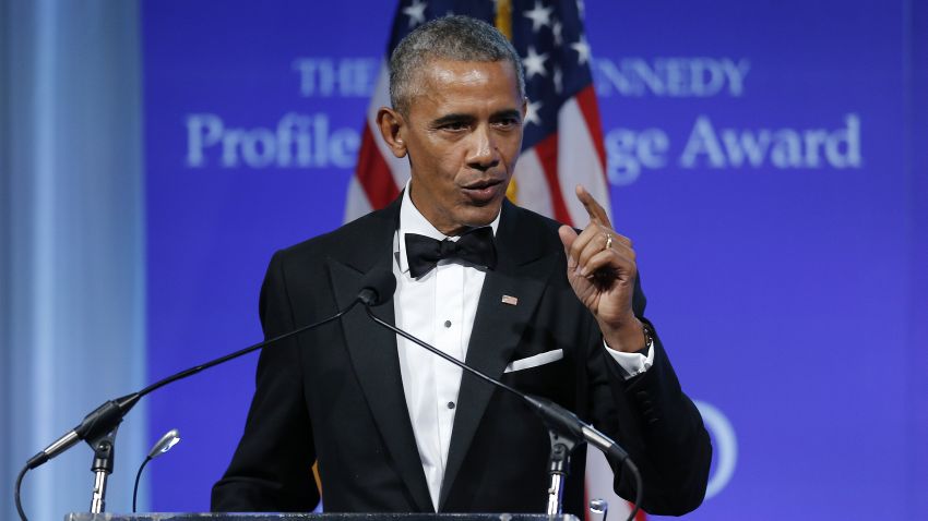 WASHINGTON, DC - MAY 7:  Former U.S. President Barack Obama speaks after receiving the 2017 John F. Kennedy Profile In Courage Award from Caroline Kennedy at the John F. Kennedy Library May 7, 2017 in Boston, Massachusetts. Obama was honored for "his enduring commitment to democratic ideals and elevating the standard of political courage in a new century," with specific mention of his expansion of healthcare options, his leadership on confronting climate change and his restoration of diplomatic relations with Cuba.  (Photo by CJ Gunther-Pool/Getty Images)