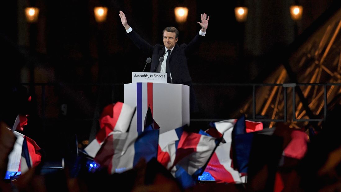 Emmanuel Macron addresses supporters at The Louvre on May 7 after winning the French Presidential Election.