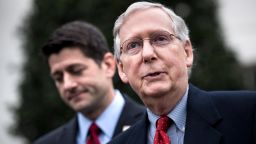 Speaker of the House Paul Ryan(L) R-WI listens while Senate Majority Leader Senator Mitch McConnell (R-KY) speaks February 27 in Washington, DC.