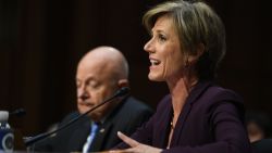 Former acting Attorney General Sally Yates (R) and former Director of National Intelligence James Clapper testify on May 8, 2017, before the US Senate Judiciary Committee on Capitol Hill in Washington, DC. / AFP PHOTO / JIM WATSON        (Photo credit should read JIM WATSON/AFP/Getty Images)