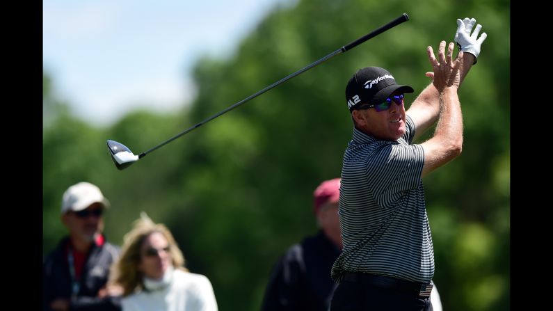 D.A. Points releases his club after a tee shot at the Wells Fargo Championship on Saturday, May 6. The PGA Tour event was moved to Wilmington, North Carolina, this year. Its usual course, the Quail Hollow Club in Charlotte, North Carolina, will be hosting the PGA Championship in August.