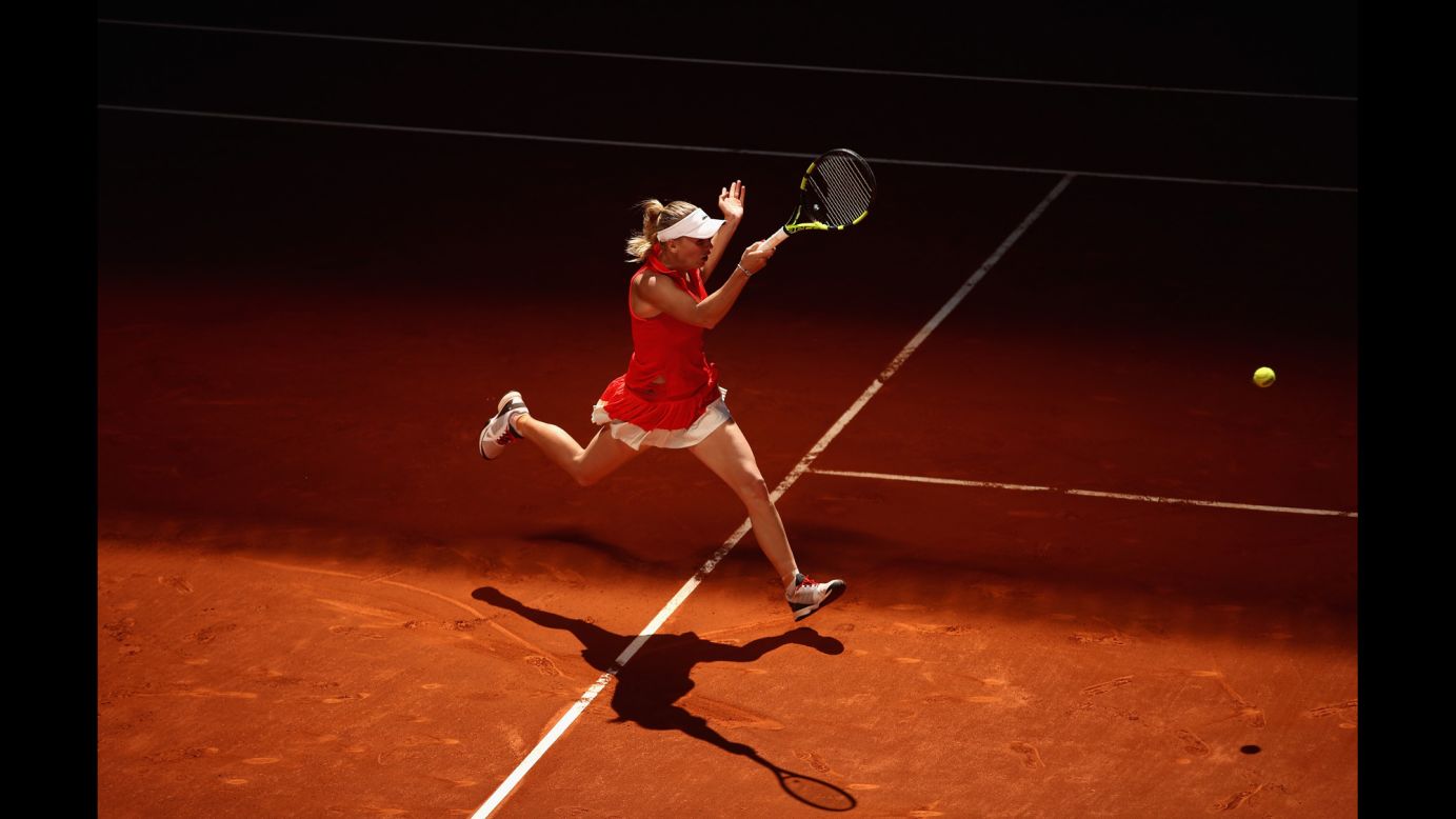 Caroline Wozniacki plays a shot at the Madrid Open on Sunday, May 7.