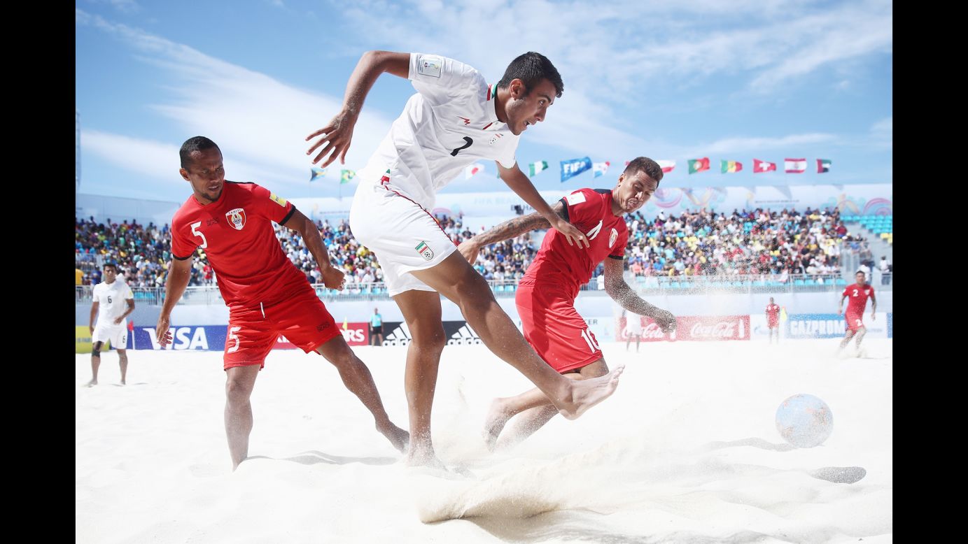 Iran's Ali Mirshekari passes the ball during the semifinals of the Beach Soccer World Cup on Saturday, May 6. Tahiti won the match on penalties and advanced to the final, where it lost to Brazil.