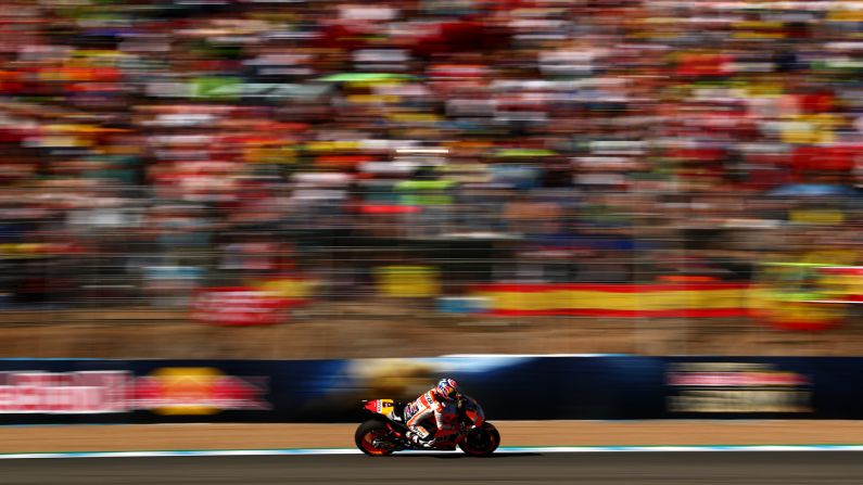 Dani Pedrosa rides his motorcycle Sunday, May 7, before the start of the MotoGP race in Jerez de la Frontera, Spain. Pedrosa won the race.