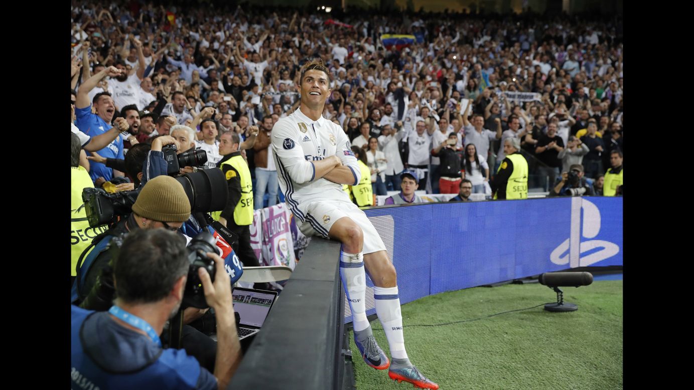 Real Madrid star Cristiano Ronaldo celebrates his second goal in the Champions League semifinal against Atletico Madrid on Tuesday, May 2. Ronaldo finished with a hat trick in the 3-0 victory.