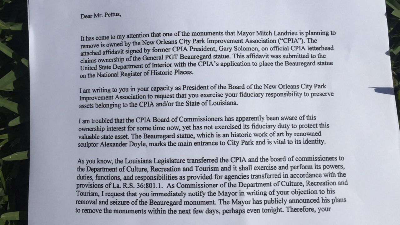 Lt. Gov. Billy Nungesser urged the City Park association president to try to prevent the statue's removal.