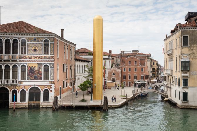 You won't fail to miss this totemic golden installation, rising 65 feet. It was conceived by enigmatic American artist James Lee Byars, who died in 1997 and is best known for his performance pieces. <br /><br />Byars always wanted to exhibit the work -- first realized for a 1990 Berlin show -- in a public space, and finally this wish has come true with a spot on Campo San Vio, right next to the Peggy Guggenheim Collection. The tower's iridescent surface will reflect the mosaic of the adjacent Palazzo Barbarigo. Byars' structure is also tall enough to serve as an orientation device for those lost in Venice.