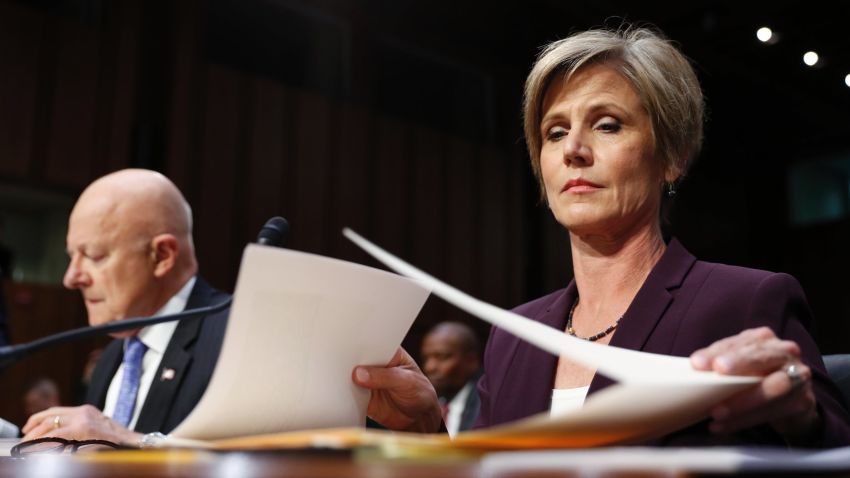 Former acting Attorney General Sally Yates, right, and former National Intelligence Director James Clapper, prepare to testify on Capitol Hill in Washington, Monday, May 8, 2017, before the Senate Judiciary subcommittee on Crime and Terrorism hearing: "Russian Interference in the 2016 United States Election." (AP Photo/Carolyn Kaster)