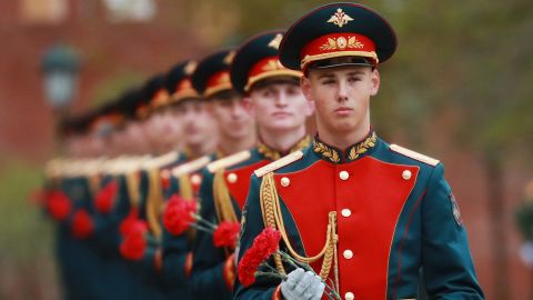 The Russian Honor guard get ready to lay flowers at the Tomb of the Unknown Soldier on Tuesday. 