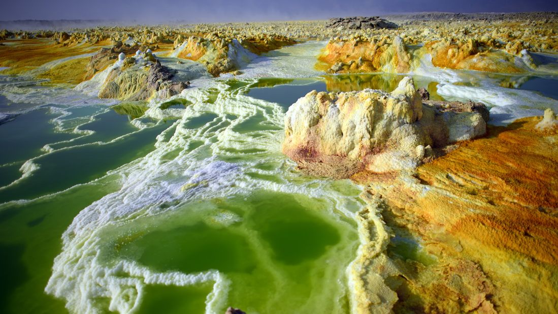 <strong>Danakil Depression, Ethiopia:</strong> The Danakil Depression is one of the most hostile environments on the planet, with scorching heat, miniature geysers that shoot acid water and raptures that spew fiery molten lava.