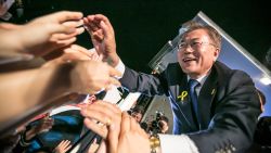 Mr. Moon Jae-in, the president-elect, greets supporters after his victory was confirmed on the presidential election on May 9, 2017 in Seoul, South Korea.