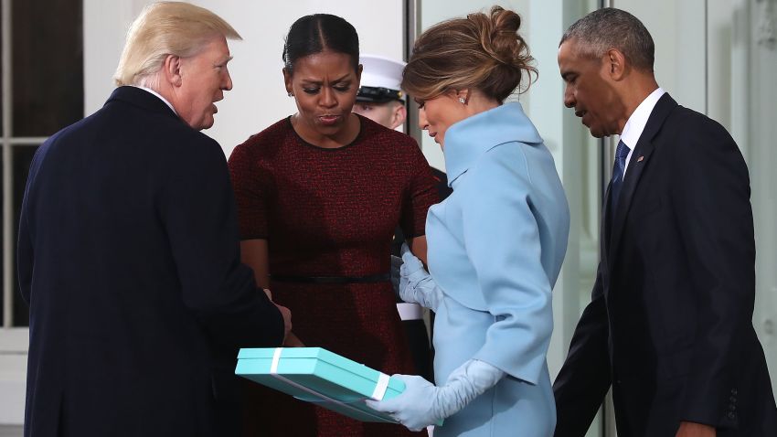 President-elect Donald Trump and his wife Melania Trump are greeted by President Barack Obama and his wife, first lady Michelle Obama, upon arriving at the White House on January 20, 2017 in Washington, DC.