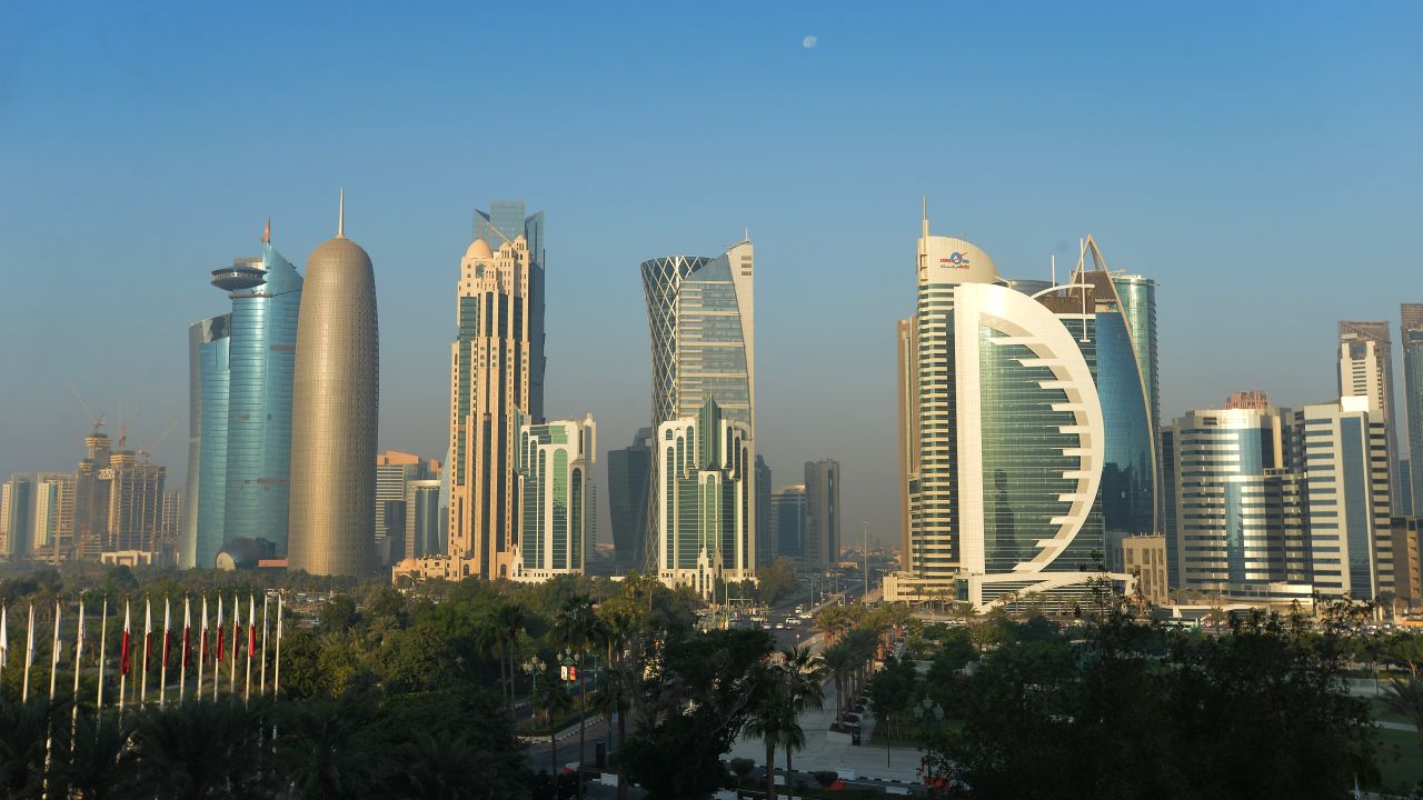 DOHA, QATAR - NOVEMBER 17: The Doha Skyline at sunrise on the fifth day of the 21st ANOC General Assembly at the Sheraton Grand Hotel on November 17, 2016 in Doha, Qatar. (Photo by Mark Runnacles/Getty Images for ANOC)