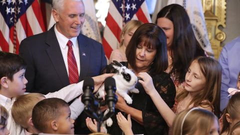 Vice President Mike Pence and his wife Karen Pence hold their family rabbit Marlon Bundo.