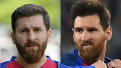(COMBO) This combination of pictures created on May 08, 2017 shows (L) Reza Parastesh, a doppelganger of Barcelona and Argentina's footballer Lionel Messi, poses for a picture in a street in Tehran on May 8, 2017, and (R) Barcelona's Argentinian forward Lionel Messi reactimg during the UEFA Champions League quarter final first leg football match Juventus vs Barcelona, on April 11, 2017 at the Juventus stadium in Turin. 
 / AFP PHOTO / Atta KENARE AND Giuseppe CACACE        (Photo credit should read ATTA KENARE,GIUSEPPE CACACE/AFP/Getty Images)