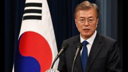 South Korea's new President Moon Jae-In speaks during a press conference at the presidential Blue House on May 10, 2017 in Seoul, South Korea.