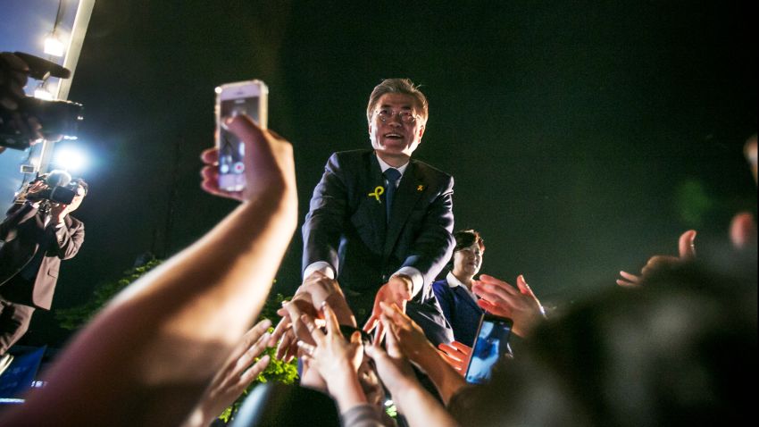 Mr. Moon Jae-in, the president-elect, greets supporters after his victory was confirmed on May 9, 2017 in Seoul, South Korea.