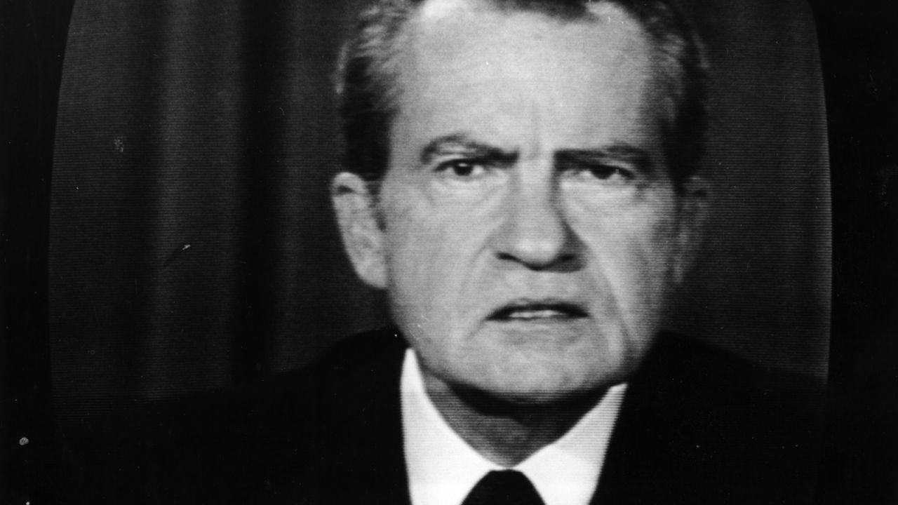 The 37th President of the United States, Richard Nixon, on a television screen.    (Photo by Keystone/Getty Images)