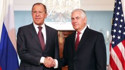 Russian Foreign Minister Sergey Lavrov and U.S. Secretary of State Rex Tillerson shake hands in the Treaty Room before heading into meetings at the State Department May 10, 2017 in Washington, DC. 