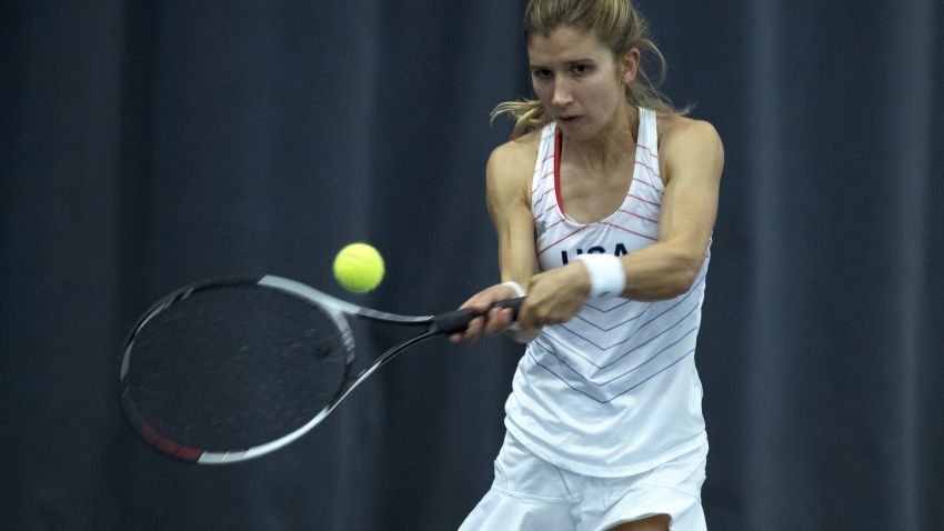 Brittany Tagliareni plays in a singles match at the INAS World Tennis Championships in Bolton, England, in 2017. 
