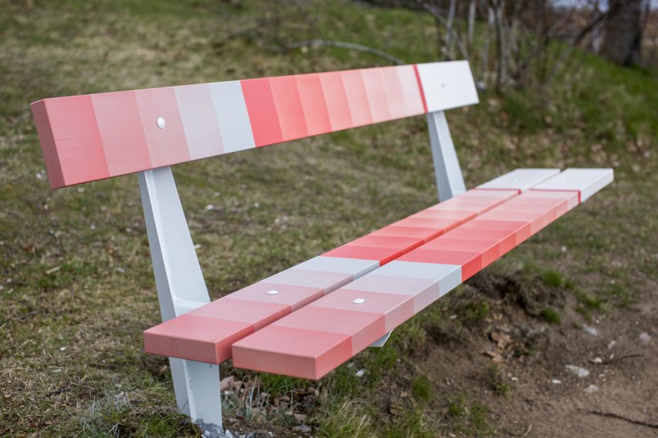 Five of the park's existing benches were refurbished by Dutch studio Scholten & Baijings, which worked with a skilled airbrushing technician to apply its signature colored gradients. Every bench is unique, but the colors flow from one bench to the next to create continuity throughout the park.