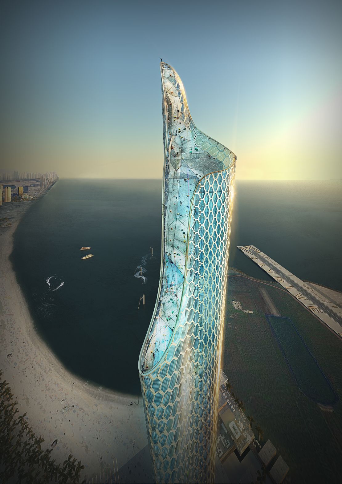 10 Design say the tower's interior will feature climbing walls and a professionals-only BASE jump platform at its peak.