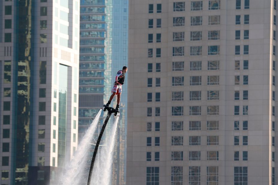 Attach a wakeboard with two pipes to a powerful jet ski and you get flyboarding, one of Dubai's more surreal watersports. Daredevils can reach heights of up to 30 feet above the water's surface.     