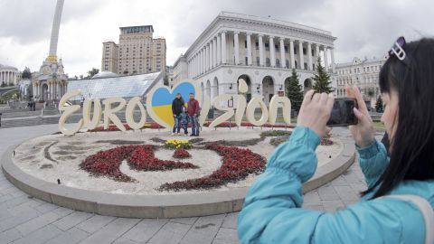 A giant 'Eurovision' sign in Maidan square, Kiev.