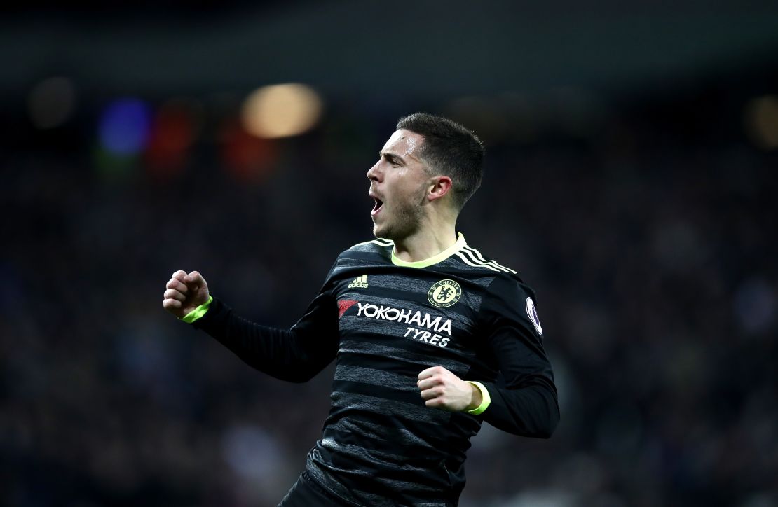 Hazard celebrates after scoring for Chelsea againsg West Ham in March.