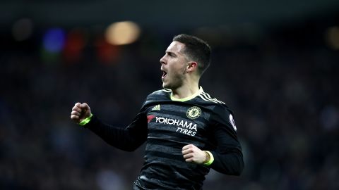 Hazard celebrates after scoring for Chelsea againsg West Ham in March.