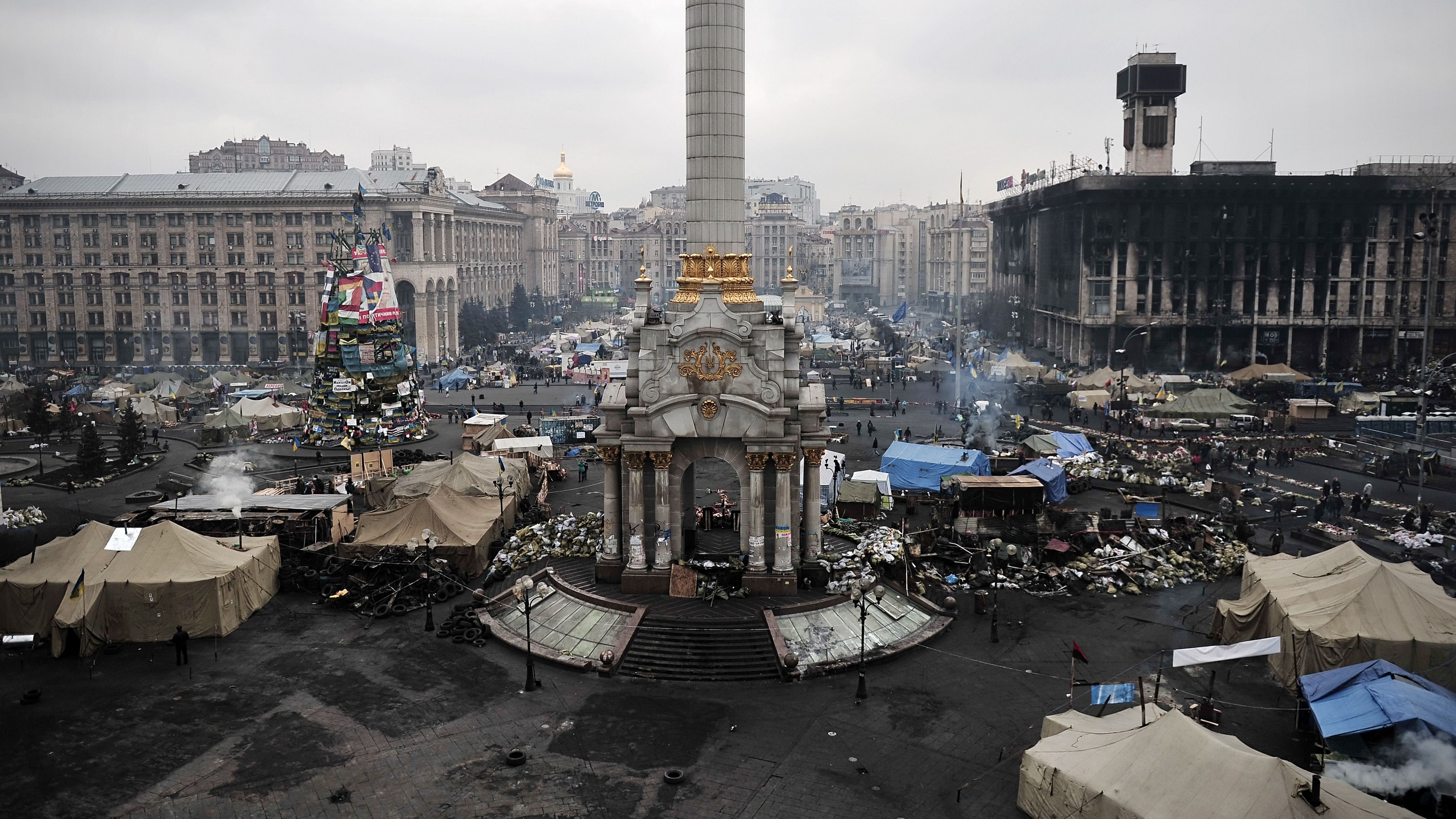 A view taken on February 28, 2014 shows a protesters' camp at the Independence square in central Kiev.