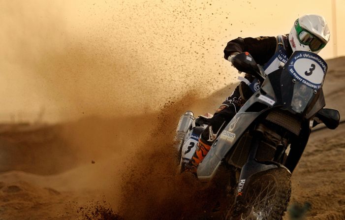 <strong>Rally biking</strong><strong> -- </strong>British motorcyclist James West drives his 690 cc KTM Rally bike during the five-day UAE Desert Challenge Rally in Dubai. Less extreme options are available should you wish to take two wheels into the dunes.