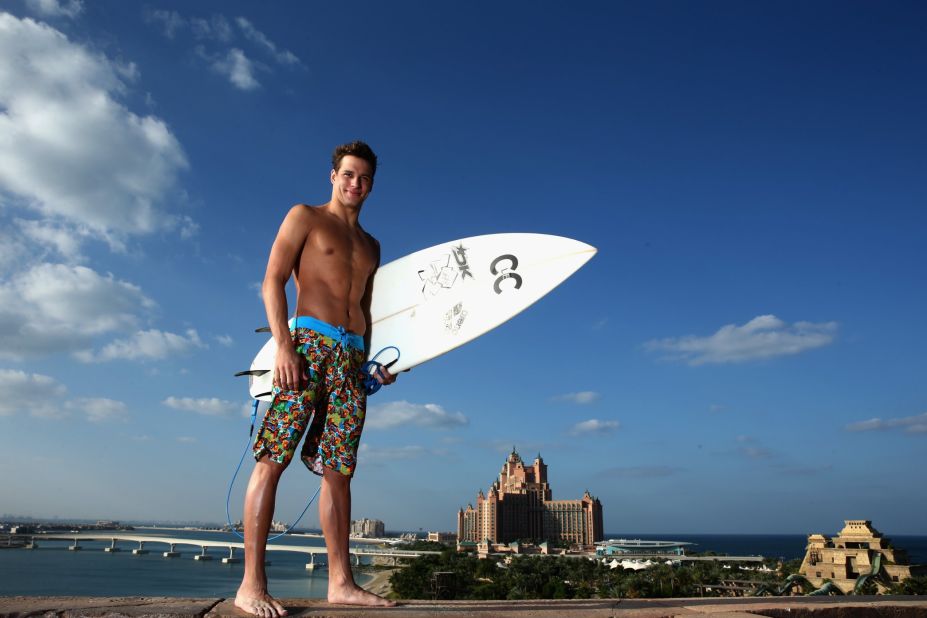 We're not sure how good a surfer Olympic gold medal-winning swimmer Chad Le Clos is, but he looks good in a pair of board shorts and ready to hang five near the Atlantis Hotel on The Palm.