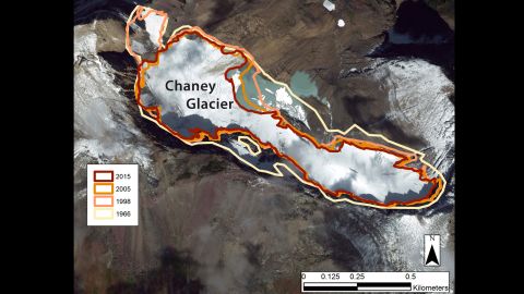 This image shows the perimeter of Chaney Glacier in Glacier National Park in 1966, 1998, 2005, and 2015.
