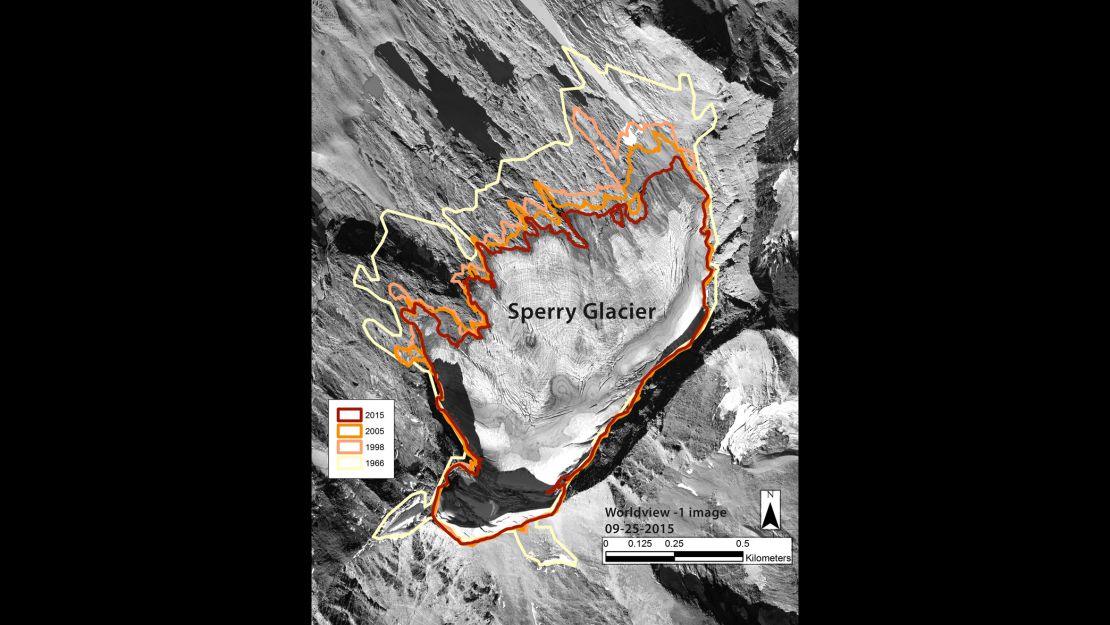 This image shows the perimeter of Sperry Glacier in Glacier National Park in 1966,1998, 2005, and 2015. 