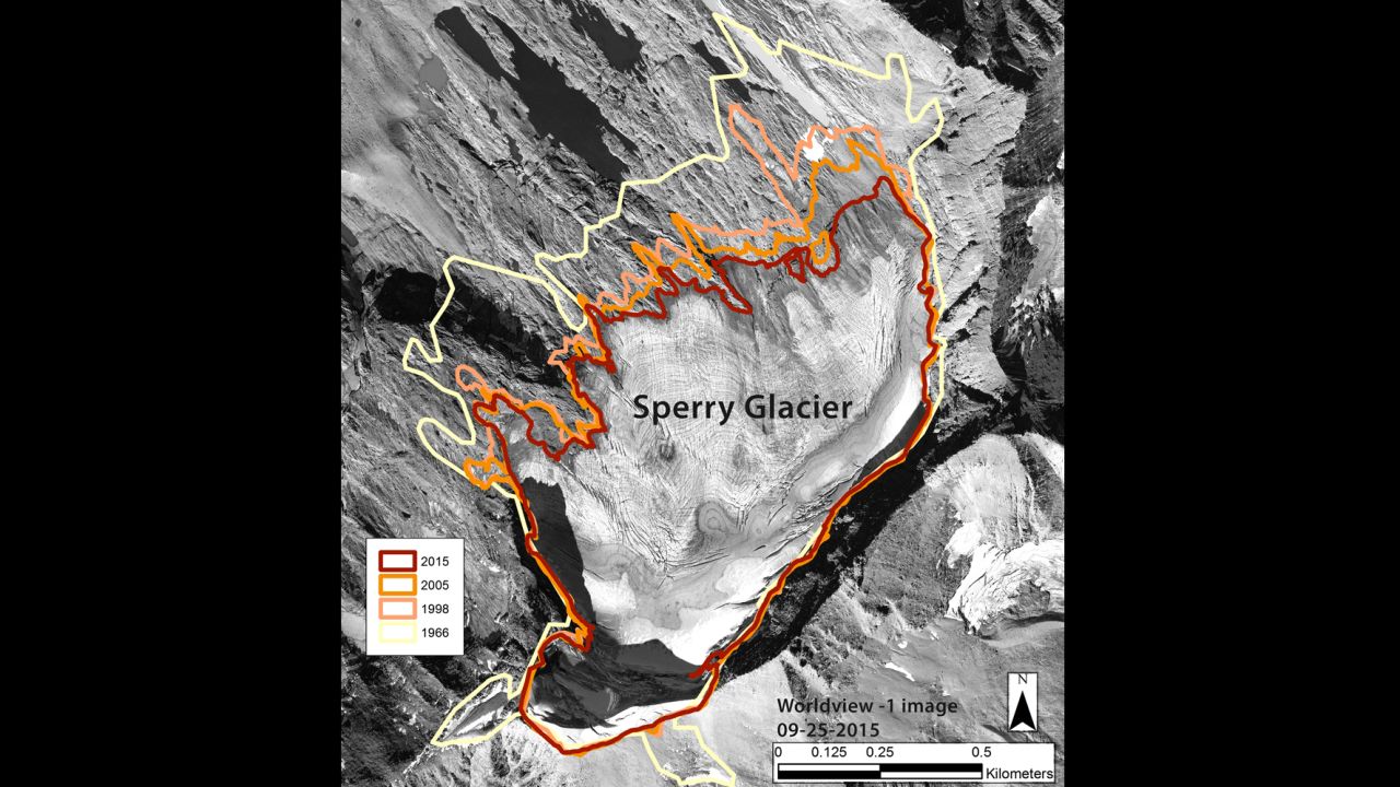 This image shows the perimeter of Sperry Glacier in Glacier National Park in 1966,1998, 2005, and 2015.