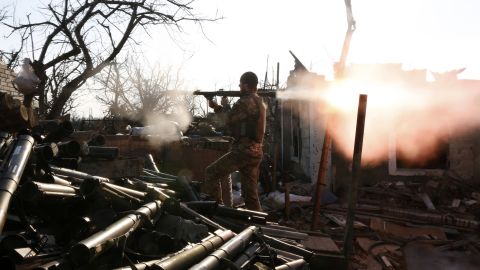 A Ukrainian serviceman fires a grenade launcher during fighting with pro-Russian separatists in Avdiivka, Donetsk region on March 30, 2017.