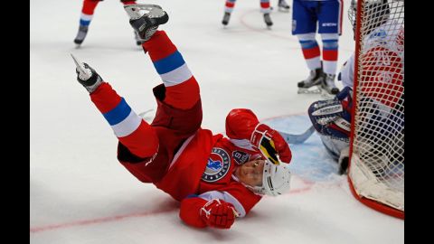 Putin took a tumble during the exhibition match in Sochi.