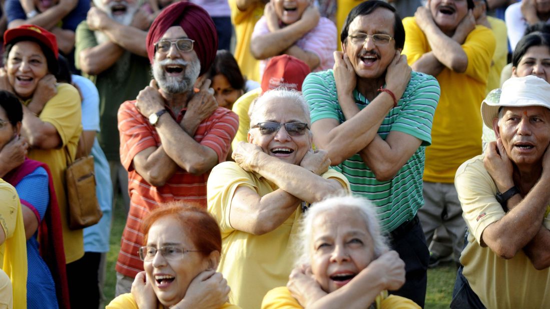 Retired army members take part in a laughing yoga session ahead of 2017 World Laughing Day. Studies have shown that mirthful laughter, the kind that stems from real joy, relieves stress, lightens mood and confers health benefits.