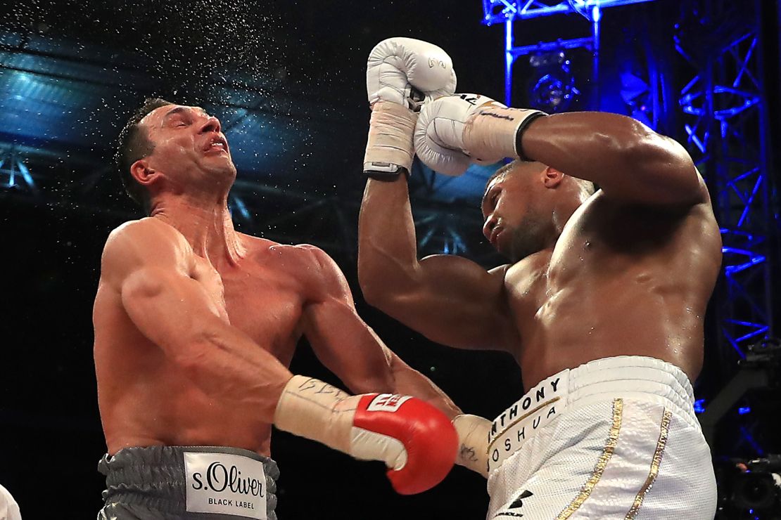 Joshua and Klitschko in action during their heavyweight world title bout at Wembley Stadium in April.