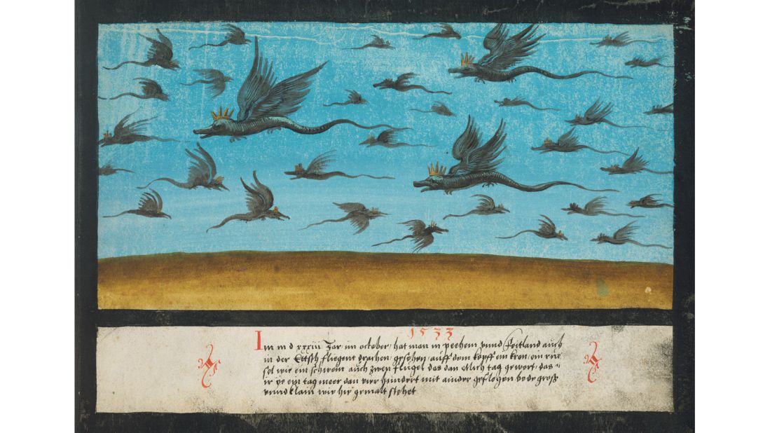 A 1533 depiction of dragons flying over Bohemia (part of the modern Czech Republic). 