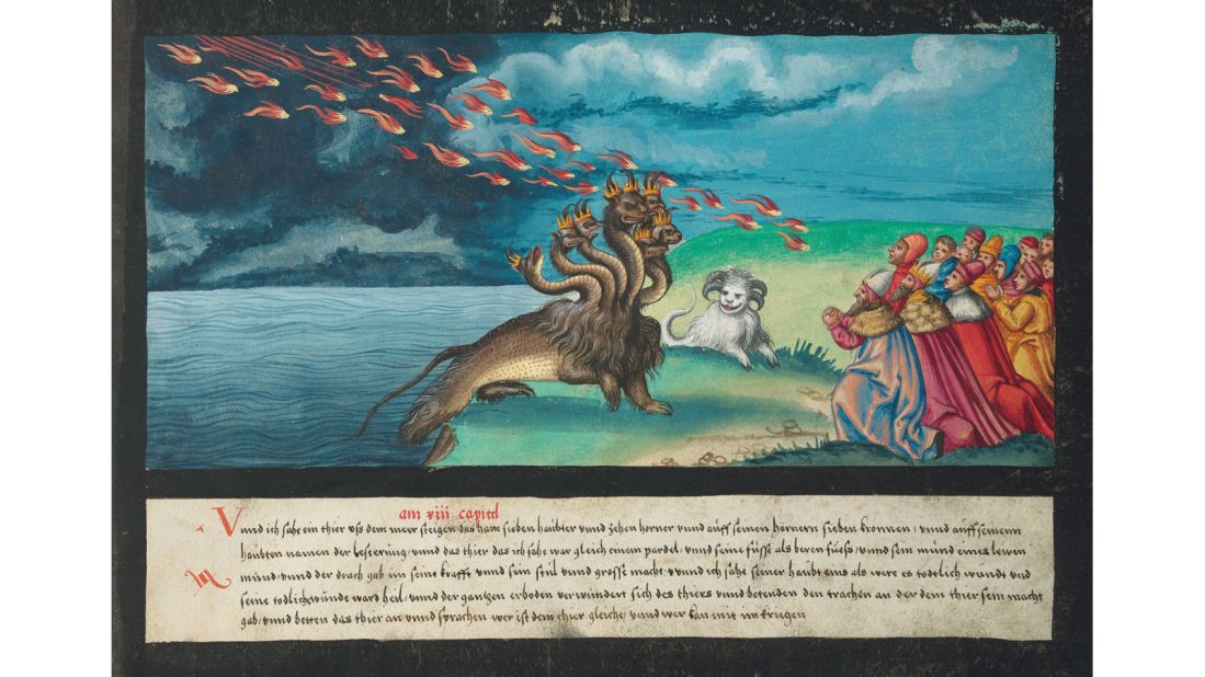 The sea monster and the beast with the lamb's horn, both of which feature in the Book of Revelations. 