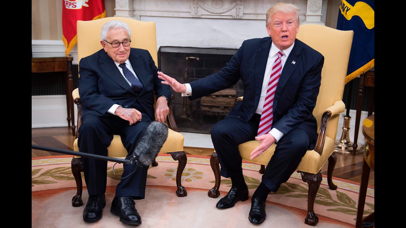 US President Donald Trump talks to reporters in the White House Oval Office as he meets with former Secretary of State Henry Kissinger on Wednesday, May 10. Trump said he was <a href="http://www.cnn.com/2017/05/10/politics/trump-meets-lavrov-kislyak-kissinger/" target="_blank">meeting with Kissinger</a> to talk "about Russia and various other matters." The previous day, Trump made headlines with his abrupt firing of FBI Director James Comey. The move <a href="http://www.cnn.com/2017/05/10/politics/donald-trump-henry-kissinger/" target="_blank">drew comparisons</a> to former President Richard Nixon, who also fired the man leading an investigation into his associates' actions. Kissinger was secretary of state under Nixon.