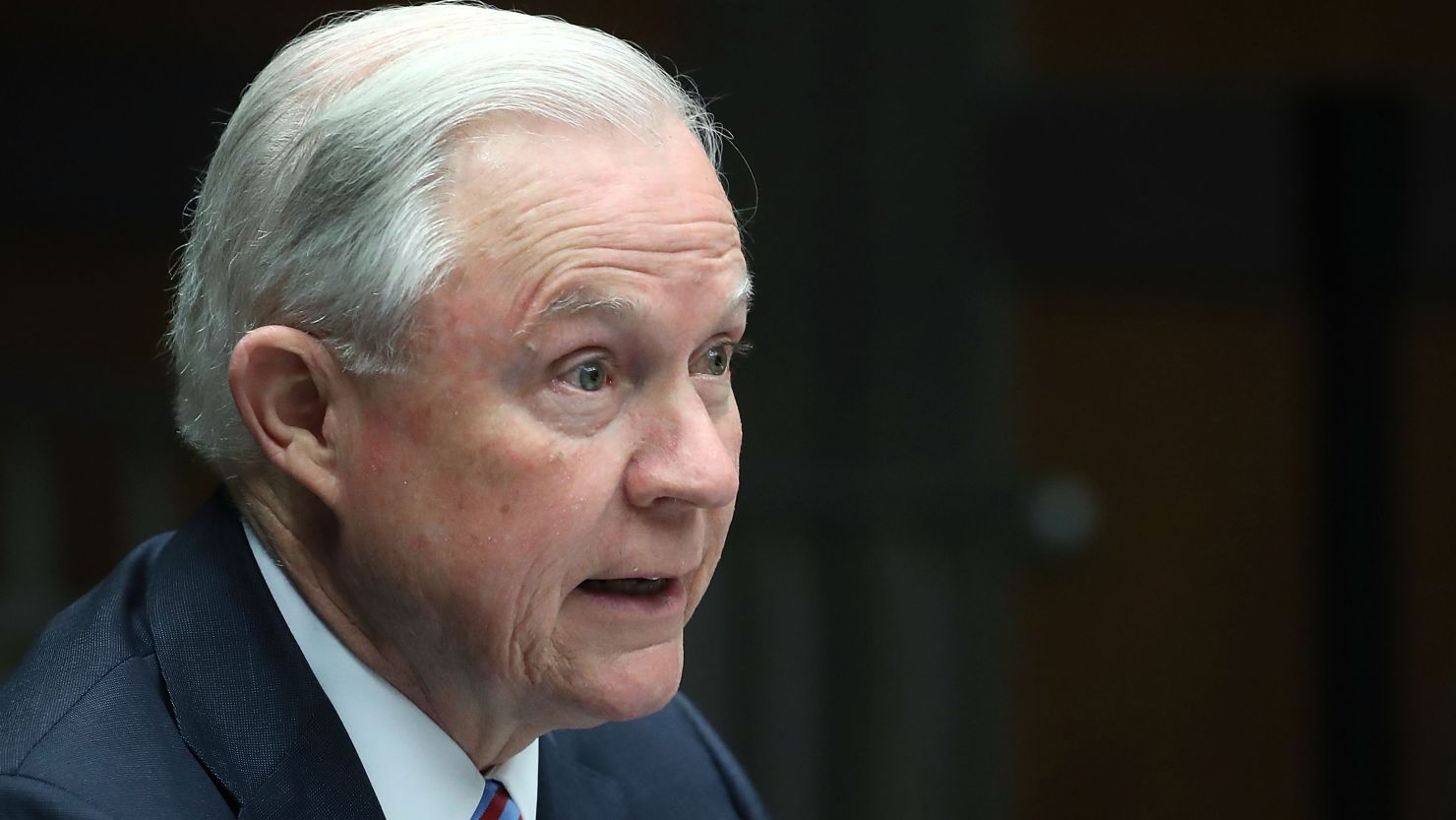 Attorney General Jeff Sessions speaks about organized gang violence at the Department of Justice, April 18 in Washington. Sessions spoke during a meeting of the Attorney General's Organized Crime Council and Organized Crime Drug Enforcement Task Forces.  (Photo by Mark Wilson/Getty Images)