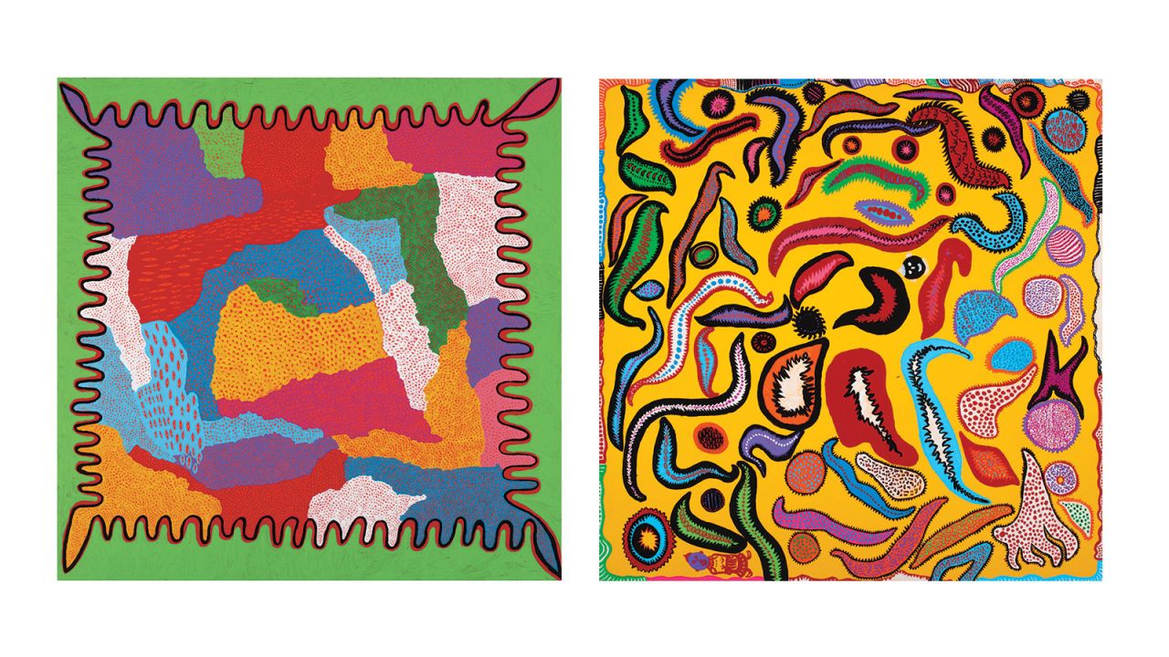 A split screen of two paintings from Kusama's My Eternal Soul series. On the left "Let's Go, Beyond the Sky." On the right, "Unbearable Whereabouts of Love"  