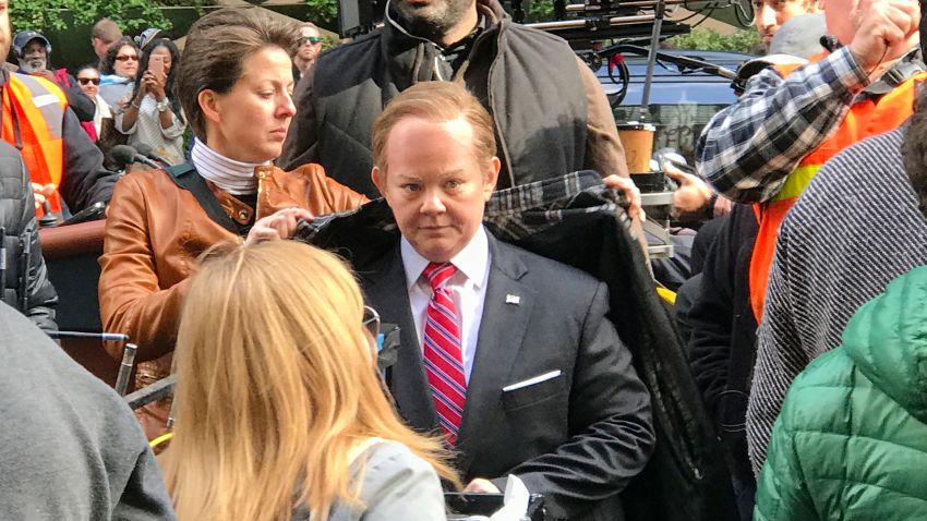 In this Friday, May 12, 2017, photo provided by the Jen Chung of Gothamist, Melissa McCarthy is seen her Sean "Spicey" Spicer costume preparing to shoot a video in Midtown Manhattan for her appearance this weekend on Saturday Night Live. (Jen Chung /Gothamist via AP)