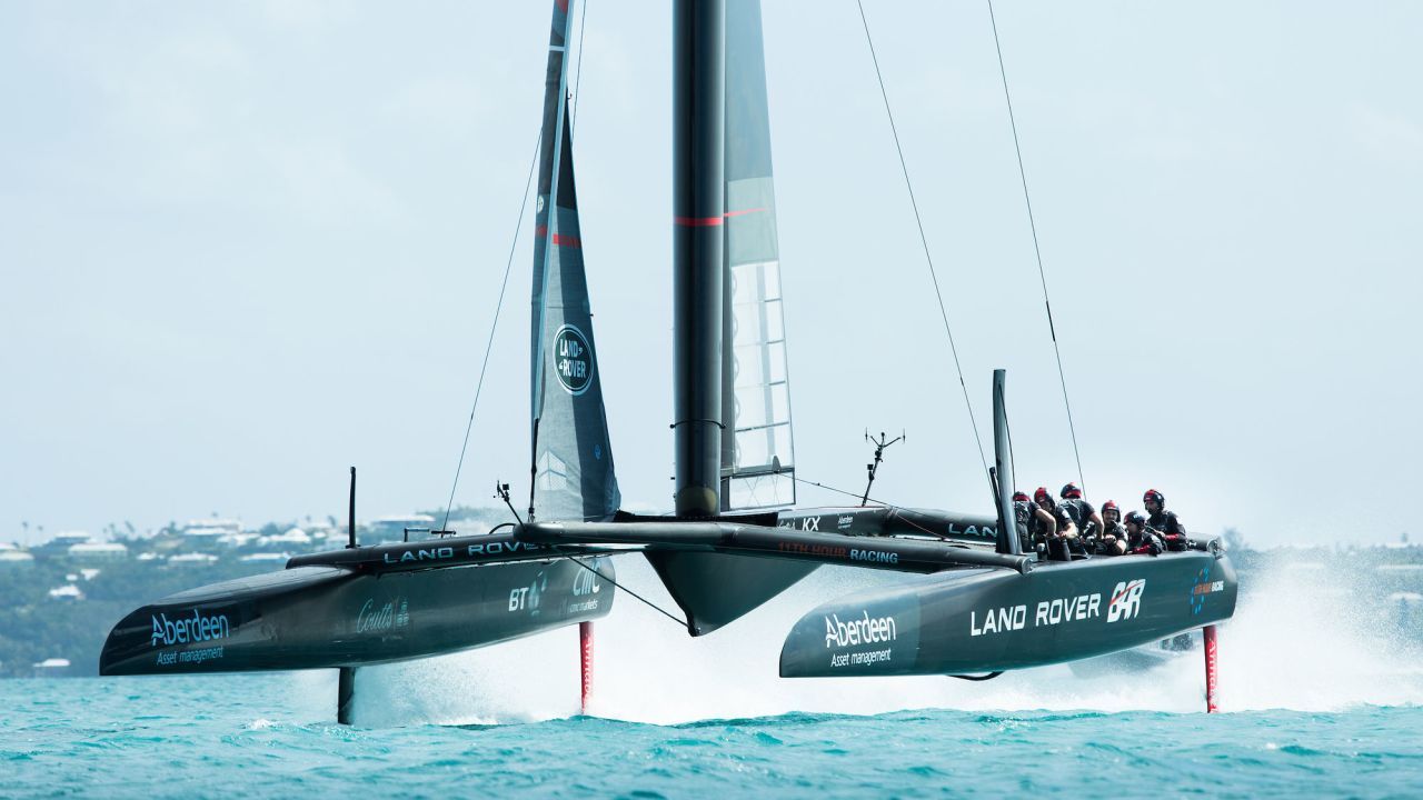 The Land Rover BAR race boat in full flight.